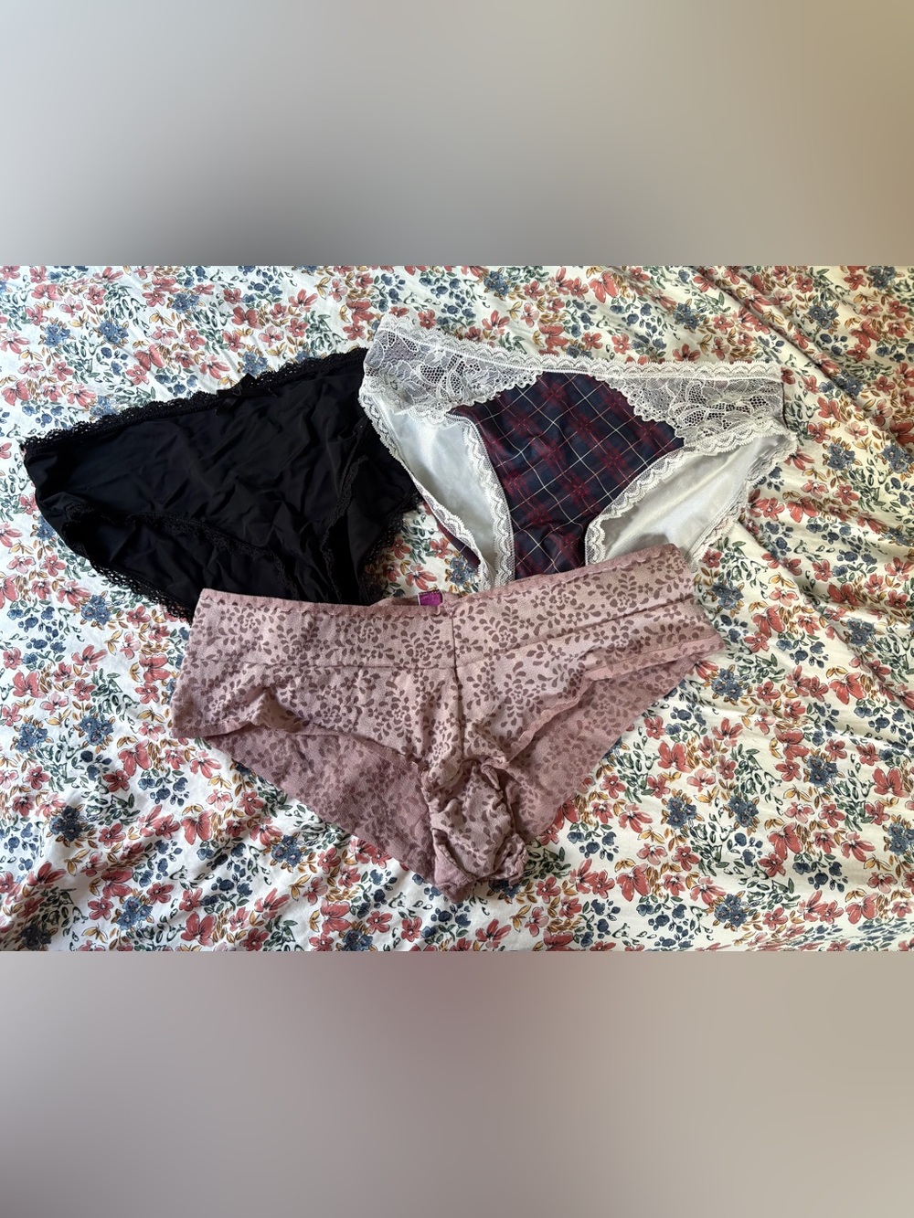 3-Pack Women’s Lace & Cotton Bikini Panties - Black, Plaid & Mauve